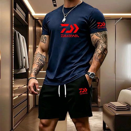 2026 Summer Men's Short Sleeved T-shirt Drawstring Shorts Set Breathable Outdoor Sports Set Men's Daily Fishing Suit