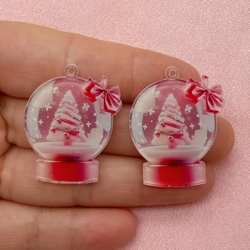 10pcs popular European and American acrylic Christmas snowball cake tree earrings with pink bow Christmas fashion accessories
