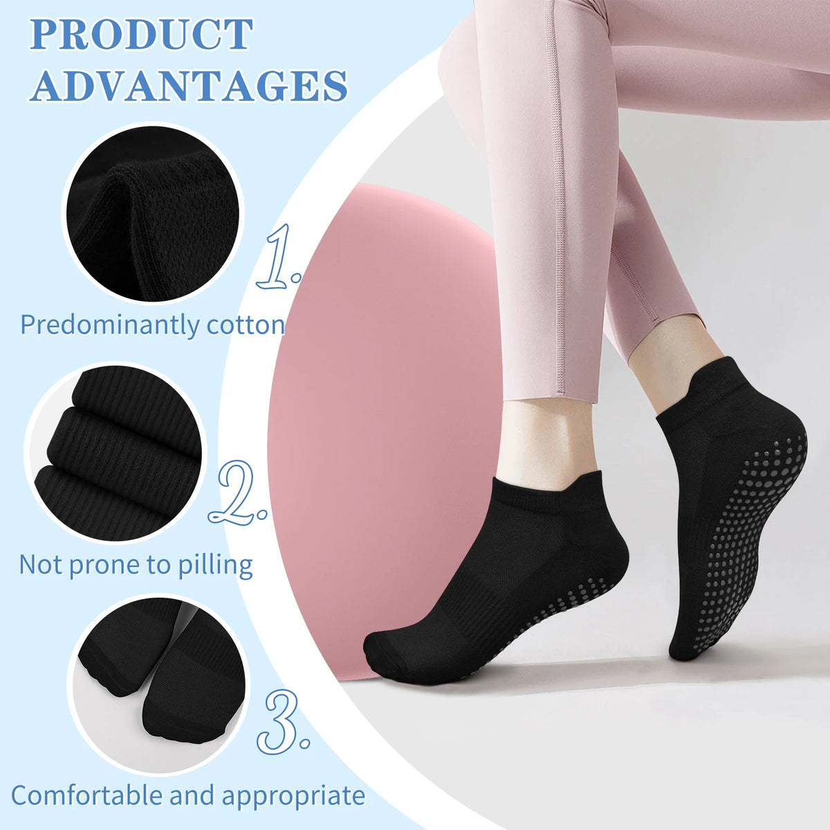 MUA 3-Pack Non-Slip Pilates Grip Socks
