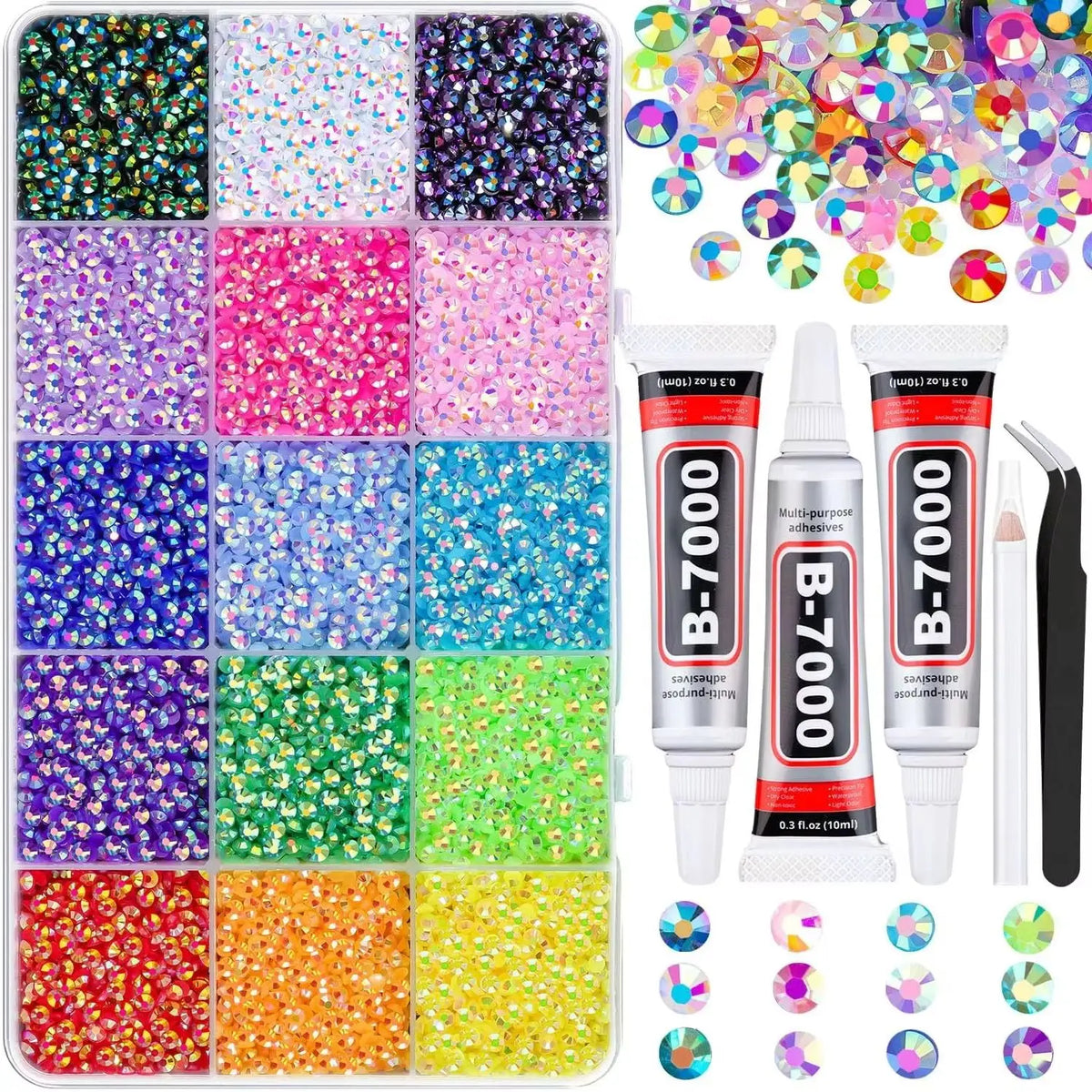 15 Colors Resin Jelly Rhinestones for Bedazzling, 3mm Flatback Gems Bedazzler Kit with 3Pcs 10ml B7000 Jewelry Glue for Nail Art