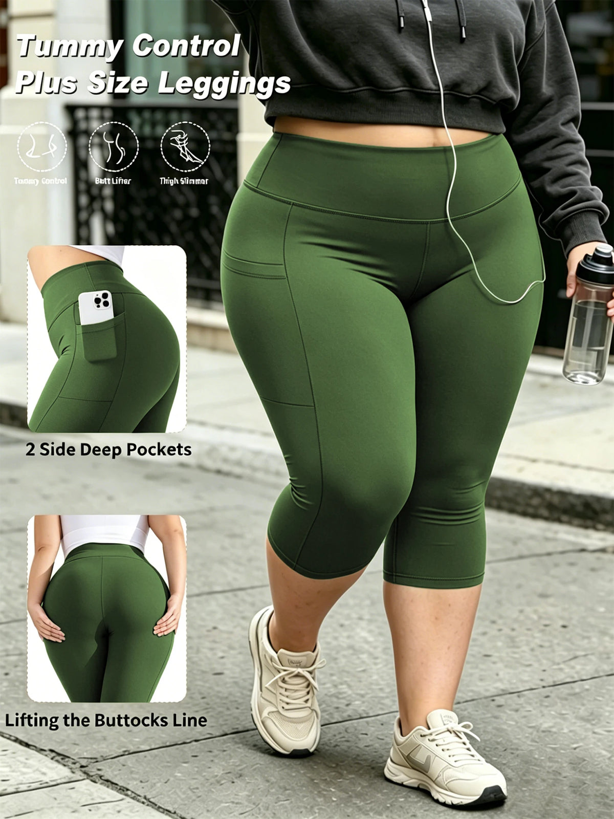 Capri Plus Size Leggings for Women with Pockets-Stretchy  Tummy Control High Waist Workout Black Yoga Pants